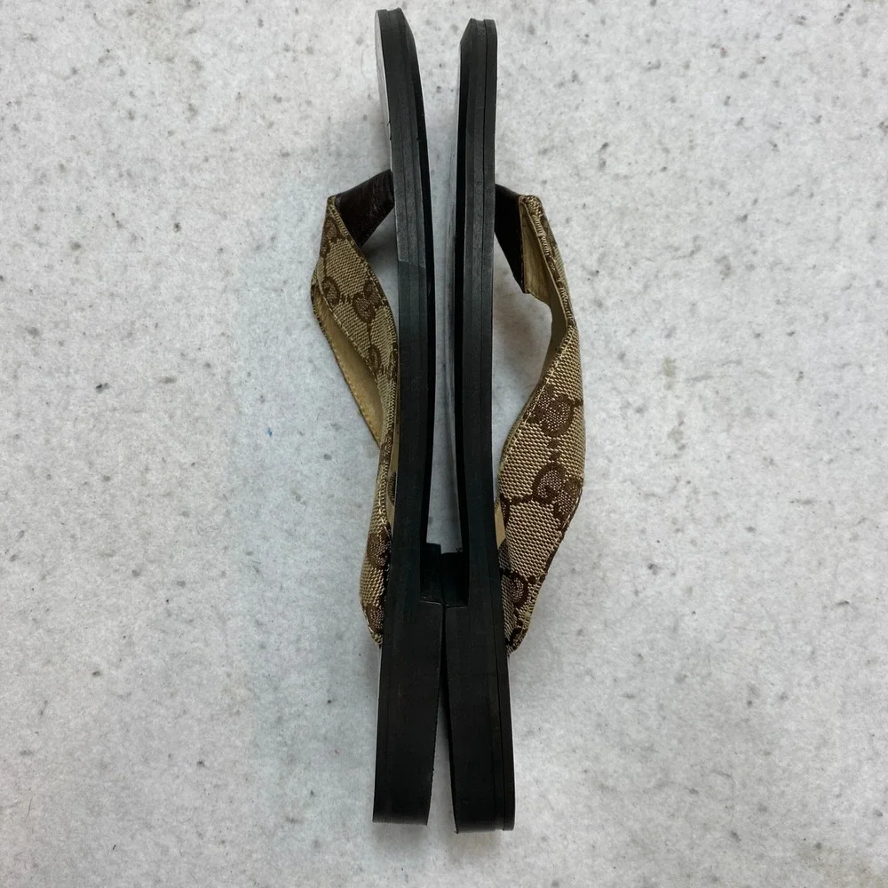 Gucci Sandals Mens 41 Black Brown Iconic GG Monogram Canvas Thong Flip Flop - Picture 7 of 11